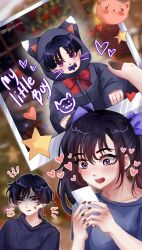  1boy 1girl absurdres alternate_costume anger_vein animal_ear_hood animal_ears annoyed awestruck black_hair black_hood black_nails black_shirt black_sleeves blunt_ends blurry blurry_background blush bow bowtie casual cat_ears cat_face_sticker collarbone commentary contemporary english_commentary english_text fake_animal_ears fangs genshin_impact grey_shirt grey_sleeves hair_bow hands_up heart heart_sticker highres holding holding_photo hood long_hair long_sleeves looking_at_object looking_at_viewer mona_(genshin_impact) normnnna onesie open_mouth pacifier photo_(object) purple_bow red_bow red_bowtie sanpaku scaramouche_(genshin_impact) shirt short_sleeves sidelocks star_(symbol) star_sticker sticker teeth tongue twintails twitter_username upper_teeth_only violet_eyes wide-eyed wispy_bangs 