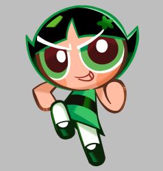  1girl black_hair black_shoes blunt_bangs buttercup_(ppg) commentary cookie_run cookie_run:_kingdom cookie_run:_ovenbreak dress dress_shoes english_commentary green_dress green_eyes grey_background hair_ornament highres leg_up looking_at_viewer pantyhose parted_bangs powerpuff_girls shoes sleeveless smirk smug solo thatlightbluefox v-shaped_eyebrows white_pantyhose 
