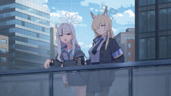  2girls animal_ear_fluff animal_ears black_jacket black_pantyhose blonde_hair blue_archive blue_eyes blue_halo blue_necktie blue_shirt blue_skirt city collared_shirt commentary dog_ears dog_girl floral_print grey_eyes grey_hair grey_halo hair_behind_ear hair_over_one_eye halo hand_in_pocket highres jacket kanna_(blue_archive) konoka_(blue_archive) long_hair looking_at_another looking_at_viewer mikan_battery multiple_girls necktie open_mouth pantyhose parted_lips shirt skirt sweatdrop 