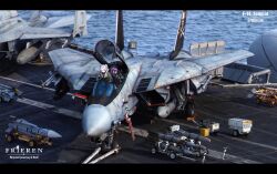  2girls absurdres aircraft_carrier alternate_costume blunt_bangs blush closed_mouth commentary_request double-parted_bangs elf f-14_tomcat fern_(sousou_no_frieren) flight_deck frieren green_jacket grey_hair half_updo highres jacket long_hair looking_at_viewer military_vehicle multiple_girls pointy_ears purple_hair ship smile sousou_no_frieren thick_eyebrows tiewan twintails violet_eyes warship watercraft 