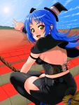  blue_hair blush broom broom_riding corset hat hazel_eyes leather long_hair looking_back original pointing shinya_(artist) skirt sky thigh-highs thighhighs top_hat witch witch_hat yellow_eyes 