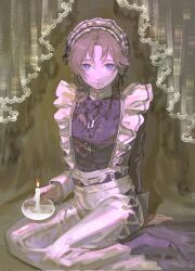  1boy apron black_bow black_bowtie black_dress black_gloves blue_eyes bow bowtie braid brown_hair bw_sekai candle closed_mouth collared_dress crossdressing crossdressing_(mtf) curtains dress expressionless gloves highres jewelry kanae_(19th_costume)_(nijisanji) kanae_(nijisanji) long_hair long_sleeves looking_at_viewer maid maid_apron maid_headdress male_focus male_maid necklace nijisanji official_alternate_costume single_braid sitting solo trap virtual_youtuber 