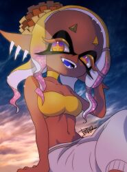  1girl blonde_hair colored_eyelashes colored_tongue commentary_request crop_top dark-skinned_female dark_skin earrings fangs frye_(deep_cut_outfit)_(splatoon) frye_(splatoon) harem_pants inkling isamu-ki_(yuuki) jewelry open_mouth pants pointy_ears purple_tongue shiver_(deep_cut_outfit)_(splatoon) shiver_(splatoon) smile solo splatoon_(series) splatoon_3 tentacle_hair tooth_earrings yellow_eyes 
