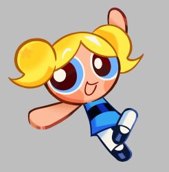  1girl black_shoes blonde_hair blue_dress blue_eyes bubbles_(ppg) commentary cookie_run cookie_run:_kingdom cookie_run:_ovenbreak dress dress_shoes english_commentary grey_background happy highres open_mouth pantyhose parted_bangs powerpuff_girls shoes short_hair sleeveless smile solo thatlightbluefox twintails white_pantyhose 