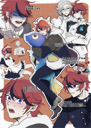  2boys :d absurdres adjusting_clothes ahoge alternate_costume animal-shaped_pillow aotsuki_eito apron bag bagged_fish bandaid bandaid_on_face black_cape black_dress black_gloves black_jacket black_pants black_streaks blue_eyes blush border butler cape character_mask closed_eyes commentary_request crossdressing crossdressing_(mtf) crossed_arms dress drooling enmaided fish frills glasses gloves grey_hair grey_jacket grey_necktie grey_vest grid_background hair_over_shoulder hatching_(texture) highres holding holding_bag hood hoodie hugging_object jacket jacket_over_hoodie lantern linear_hatching maid maid_apron maid_headdress male_focus male_maid mask medium_hair multicolored_hair multiple_boys multiple_views necktie nose_blush open_mouth orange_background outline outside_border pants paper_lantern ponytail puffy_sleeves red_hair ringed_eyes shaded_face shirt shoes short_hair sirei_(hundred_line) smile streaked_hair sumino_takumi sweat the_hundred_line_-last_defense_academy- translation_request two-tone_hair user_vudu8523 v vest white_apron white_border white_hoodie white_jacket white_outline white_shirt white_shoes 