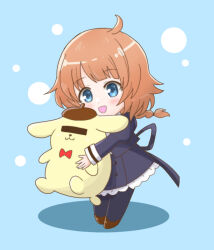  1girl assault_lily black_pantyhose blue_background blue_eyes brown_shoes censored censored_identity chibi chibi_only commentary_request full_body futagawa_fumi holding inoguchi_minto juliet_sleeves long_hair long_sleeves open_mouth pantyhose pompompurin puffy_sleeves sanrio school_uniform shoes 