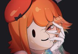  1girl breaking breasts crack cracked_kawaii_mask cracked_mask cracked_skin earrings feathers highres hololive hololive_english iver_(reviolet) jewelry long_hair looking_at_viewer mask multicolored_hair orange_hair solo takanashi_kiara violet_eyes virtual_youtuber 