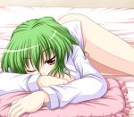  bococho green_hair kazami_yuuka lying naked_shirt no_panties on_stomach open_shirt pillow red_eyes shirt short_hair touhou wink 