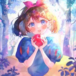  1girl apple black_hair bow commentary_request disney dress food fruit hair_bow highres holding long_hair looking_at_viewer open_mouth princess puffy_short_sleeves puffy_sleeves red_bow rito_(ritosmile25) short_hair short_sleeves snow_white_(disney) snow_white_and_the_seven_dwarfs_(disney) solo 