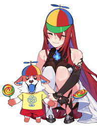  1girl animal baby_animal blue_fire candy closed_eyes colored_inner_hair commentary dasdokter dog elizabeth_rose_bloodflame elizabeth_rose_bloodflame_(1st_costume) fire fire_on_chest food highres holding holding_candy holding_food holding_lollipop hololive hololive_english lollipop long_hair multicolored_hair open_mouth propeller_hat puppy red_hair rosarian_(elizabeth_rose_bloodflame) smile squatting symbol-only_commentary two-tone_hair very_long_hair virtual_youtuber 
