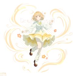  1girl 2025 :o absurdres arm_at_side blonde_hair breasts brown_shoes buttons cardigan character_name chinese_commentary chinese_text collared_cardigan commentary_request dated draftodil_(plants_vs._zombies) fenghongshenqiushi flower footwear_flower frilled_skirt frilled_sleeves frills full_body hand_up highres knees_together_feet_apart leg_warmers long_sleeves looking_at_viewer medium_skirt neck_flower orange_flower parted_lips patterned_background personification plaid_clothes plaid_skirt plants_vs._zombies plants_vs._zombies_2 procreate_(medium) puffy_long_sleeves puffy_sleeves see-through_clothes see-through_sleeves shoes short_hair sidelocks simple_background skirt small_breasts solo standing standing_on_one_leg swept_bangs translation_request tsurime white_background white_cardigan white_leg_warmers yellow_eyes yellow_flower yellow_skirt 