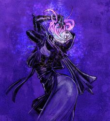  1girl arms_up black_capelet black_gloves black_hood capelet covering_own_mouth cowboy_shot elbow_gloves elden_ring elden_ring_nightreign flanged_mace from_side gloves hand_over_own_mouth haruichi_(haruichithm) highres holding holding_mace holding_weapon looking_at_viewer mace mouth_tentacles nun purple_background signature solo tentacle_tongue undertaker_(elden_ring) weapon white_coif white_eyes 