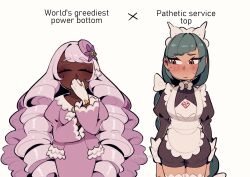  2girls ^_^ absurdres apron ascot averting_eyes black_romper blush bow bowtie braid braided_ponytail brown_eyes closed_eyes commentary covering_own_mouth cowboy_shot dark-skinned_female dark_skin dress english_commentary english_text facing_viewer fascinator frilled_ascot frilled_dress frilled_sleeves frills gloves gold_ring green_hair hair_ornament half-closed_eyes hand_over_own_mouth hand_up highres jacinthe_(pokemon) juliet_sleeves korichi_celeste lebanne_(pokemon) light_frown long_braid long_hair long_sleeves looking_to_the_side low_drills maid_apron maid_headdress master_and_servant multiple_girls pokemon pokemon_legends:_z-a puffy_sleeves purple_dress romper ship_dynamics slit_pupils smile sweatdrop top/bottom_dynamic_annotated very_dark_skin very_long_hair white_bow white_bowtie white_gloves yuri 