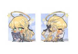  1girl ankle_cuffs black_dress blonde_hair book braid chibi chibi_only commentary dress english_commentary feathered_wings front_and_back full_body green_eyes hair_ribbon halo holding holding_book kim_dokja long_hair omniscient_reader's_viewpoint ribbon seiza sharowolet sitting smile solo sparkling_eyes uriel_(omniscient_reader's_viewpoint) white_wings wings wrist_cuffs yoo_joonghyuk 