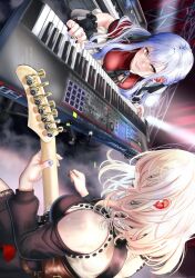  2girls 7-string_guitar ascot bang_dream! bang_dream!_it's_mygo!!!!! black_ascot black_dress black_nails blonde_hair blue_hair blue_nails breasts commentary_request doloris_(bang_dream!) dress earphones extended_range_guitar guitar highres instrument long_hair looking_at_another medium_breasts medium_hair misumi_uika multicolored_nails multiple_girls music nail_polish noir_(nowaru) oblivionis_(bang_dream!) open_mouth playing_guitar playing_instrument red_shirt shirt sidelocks sideways sweat togawa_sakiko yellow_eyes 