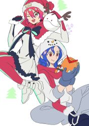  1boy 1girl absurdres amate_yuzuriha aqua_eyes blue_hair blush bodysuit breasts christmas christmas_tree closed_mouth colored_inner_hair commentary_request conch_(gundam) gloves gundam gundam_gquuuuuux haro hat highres holding long_sleeves looking_at_viewer mecha_pilot_suit multicolored_bodysuit multicolored_hair normal_suit_(gundam) one_eye_closed open_mouth purple_hair red_eyes red_hair red_hat ribbon santa_costume santa_hat shirt short_hair shuji_ito skirt smile turumiya_s two-tone_hair v-fin white_background white_shirt 