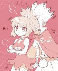  1boy 1girl bandaged_arm bandages blonde_hair breasts cape choker clenched_hand closed_eyes dr._stone dress e=mc2_(equation) facial_mark from_side ishigami_senkuu kohaku_(dr._stone) large_breasts long_hair monochrome ninomae_gin open_mouth ponytail red_background red_dress ribbon_choker rope rope_around_waist short_dress sidelocks signature simple_background sleeveless sleeveless_dress spiky_hair thinking white_choker white_rope 