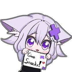  1girl :3 animal_ear_fluff animal_ears blush blush_stickers cat_ears cat_girl chibi chibi_only english_text fang filian_(vtuber) hair_between_eyes hair_ornament heart highres holding holding_notepad indie_virtual_youtuber long_sleeves mint_(vrchat) notepad ocsnacker open_mouth outline purple_pupils smile solo transparent_background upper_body violet_eyes virtual_youtuber white_hair white_outline x_hair_ornament 