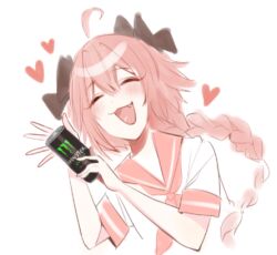  1boy :d ahoge androgynous archived_source astolfo_(fate) astolfo_(sailor_paladin)_(fate) astolfo_monster_cosplay_(meme) bad_id black_bow bow braid can closed_eyes energy_drink fang fate/apocrypha fate/grand_order fate_(series) hair_bow hair_intakes holding holding_can long_hair lowres male_focus meme monster_energy nyannya_(nyan_nya_93) official_alternate_costume open_mouth pink_hair simple_background single_braid sketch skin_fang smile solo upper_body violet_eyes white_background white_hair 