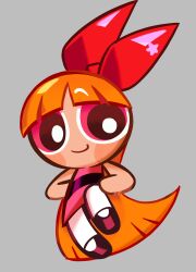  1girl black_shoes blossom_(ppg) blunt_bangs bow commentary cookie_run cookie_run:_kingdom cookie_run:_ovenbreak dress dress_shoes english_commentary grey_background hands_on_own_hips highres long_hair looking_at_viewer orange_hair pantyhose pink_dress pink_eyes powerpuff_girls red_bow shoes sleeveless smile solo thatlightbluefox white_pantyhose 