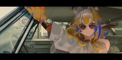  1girl arknights blue_hair car_interior dragon_horns earrings hair_ornament hair_stick highres horns jewelry letterboxed long_sleeves multicolored_hair northkiyou once_upon_a_time_in_hollywood pointy_ears shu_(arknights) solo streaked_hair sunglasses watch watch 