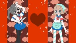  2girls amai_odayaka apron ayano_aishi blush brown_hair commentary_request drill_hair green_eyes long_hair mesmerizer_(vocaloid) multiple_girls open_mouth pantyhose parody school_uniform serafuku shirt short_hair smile yandere_simulator yuu_sakura_urara 