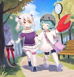  3girls :d ^_^ absurdres aged_down bag bare_shoulders bench bike_shorts black_shoes black_skirt blue_hair blue_sky blunt_bangs blush bungo_yayoi child clock closed_eyes closed_mouth clouds commentary crab_claw day double_bun dual_persona eyepatch fang full_body hair_bun handbag happy heaven_burns_red helmet highres looking_at_another medium_hair miniskirt multiple_girls off-shoulder_shirt off_shoulder open_mouth outdoors outline outstretched_arm park park_bench pink_bag pleated_skirt profile purple_shirt red_eyes red_thighhighs rinki_oohen road shirt shoes short_hair sidelocks sideways_glance skin_fang skirt sky smile socks split_mouth standing t-shirt thigh-highs tree twintails two_side_up walking white_outline white_shirt white_shoes white_skirt white_socks yamawaki_bon_ivar zettai_ryouiki 