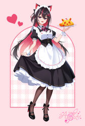  1girl absurdres alternate_costume animal_ears apron azki_(hololive) black_dress black_hair black_shoes braid cat_ears character_name colored_inner_hair commentary_request double-parted_bangs dress enmaided food frilled_apron frilled_dress frills full_body hair_intakes half_up_half_down_braid high_heels highres holding holding_plate hololive long_hair looking_at_viewer maid maid_headdress mole mole_under_eye multicolored_hair omelet omurice open_mouth pink_hair plate puffy_short_sleeves puffy_sleeves shoes short_sleeves sidelocks skirt_hold solo strappy_heels streaked_hair telu_(teluscarlet) very_long_hair violet_eyes virtual_youtuber white_apron white_hair white_wrist_cuffs wrist_cuffs 