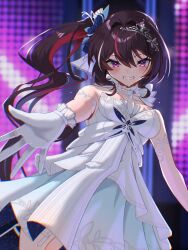  1girl absurdres azki_(dress)_(hololive) azki_(hololive) black_hair blush closed_mouth colored_inner_hair crown dress gloves highres hololive long_hair looking_at_viewer mole mole_under_eye multicolored_hair official_alternate_costume red_hair red_streaks remynoue side_ponytail smile solo violet_eyes virtual_youtuber white_dress white_gloves 