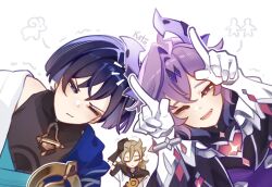  3boys :t arm_up artist_name black_bodysuit black_coat black_gloves black_hair black_hood blonde_hair blue_cape blue_kimono blunt_ends bodysuit bright_pupils cape closed_eyes closed_mouth coat covered_collarbone curtained_hair dragon_horns eyeliner eyeshadow facial_mark facing_down forehead_mark gem genshin_impact gloves gold hair_between_eyes hand_on_own_head hands_up heads_together heart-shaped_gem highres hood hood_down hooded_coat horns horns_pose indoors japanese_clothes juban kimono kotokate leaning_to_the_side makeup mini_durin_(genshin_impact) mini_durin_(human)_(genshin_impact) multiple_boys notice_lines one_eye_closed open_clothes open_coat open_kimono open_mouth purple_hair purple_horns purple_vest red_eyeliner red_eyes red_eyeshadow red_gemstone scaramouche_(genshin_impact) short_sleeves shoulder_peek teeth upper_teeth_only vest violet_eyes wanderer_(genshin_impact) white_background white_coat white_gloves white_kimono white_pupils white_sleeves wispy_bangs 