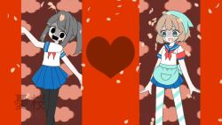  2girls amai_odayaka apron ayano_aishi blush brown_hair commentary_request drill_hair green_eyes long_hair mesmerizer_(vocaloid) multiple_girls open_mouth pantyhose parody school_uniform serafuku shirt short_hair smile yandere_simulator yuu_sakura_urara 