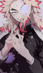  1boy black_jacket blonde_hair commentary_request fingernails flower flower_over_eye flower_request forked_eyebrows grey_background hair_over_mouth highres jacket kimetsu_no_yaiba long_sleeves looking_at_viewer male_focus red_pupils rengoku_kyoujurou solo thick_eyebrows tokoame upper_body 