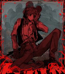  1boy bleeding blood blood_from_forehead blood_on_clothes commentary_request fuji_den_fujiko gloves hand_on_own_face highres jacket knees_up male_focus mouse_hat present_day_problem_takeuchi_robert randal's_friends red_theme short_hair sitting solo teardrop vest 