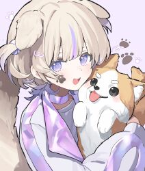  1girl absurdres animal animal_ears blonde_hair choker dog dog_ears dog_tail highres holding holding_animal holding_dog hololive hololive_dev_is jacket kemonomimi_mode looking_at_viewer meter_(231meter) multicolored_hair open_mouth paw_print paw_print_background purple_background purple_choker purple_hair shiba_inu shirt short_hair streaked_hair tail todoroki_hajime todoroki_hajime_(1st_costume) tongue tongue_out two_side_up violet_eyes white_jacket white_shirt 