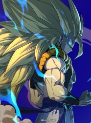  1boy absurdres black_vest blonde_hair blue_background blue_sash clenched_hand closed_mouth commentary_request cowboy_shot cropped_vest dragon_ball dragon_ball_z electricity from_side glowing glowing_eye gogeta green_eyes highres horang4628 korean_commentary long_hair looking_at_viewer male_focus metamoran_vest muscular muscular_male no_eyebrows no_shirt pants profile sash simple_background solo spiky_hair super_saiyan super_saiyan_3 vest white_pants 