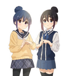 2girls black_hair black_jacket black_skirt blue_eyes blue_hair hair_bun kirara_fantasia mono multiple_girls shima_rin white_shirt yellow_dress yellow_sailor_collar yurucamp