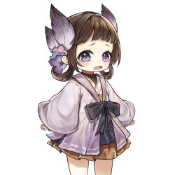  1girl bad_source beizi_(clothing) blush bow brown_hair child chinese_clothes flower hair_flower hair_ornament hair_rings hanfu highres jiaoling_ruqun long_sleeves looking_at_viewer open_mouth short_bangs simple_background solo tearing_up tears violet_eyes wavy_mouth white_background xianxiang_xiaoqianjin 