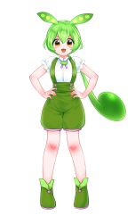  1girl :d absurdres animal_ears blush_stickers boots edomura_niniko frilled_sleeves frills full_body green_boots green_hair green_shorts hands_on_own_hips highres looking_at_viewer neck_ribbon official_art open_mouth pink_ribbon ponytail ribbon second-party_source shirt short_hair short_sleeves shorts smile solo suspender_shorts suspenders tachi-e tail transparent_background v-shaped_eyebrows voiceroid voicevox white_shirt yellow_eyes zundamon 