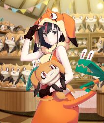  1girl :3 bare_arms bare_shoulders black_eyes black_gloves black_hair blush bodysuit cabinet character_costume character_doll checkered_floor closed_mouth cosplay cowboy_shot doll earrings from_side game_cg gloves hand_on_headwear hanging_light holding holding_stuffed_toy inago_akira indoors jewelry looking_at_viewer multicolored_hair nene_(toji_no_miko) nene_(toji_no_miko)_(cosplay) official_art orange_bodysuit orange_hood red_eyes red_streaks reflective_floor shelf single_hair_streak smile solo streaked_hair string_of_flags stud_earrings stuffed_toy tail tail_mouth third-party_source toji_no_miko toji_no_miko:_kizamishi_issen_no_tomoshibi too_many_dolls 