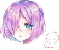  1girl artist_self-insert blue_hair blush closed_mouth colored_inner_hair commentary cropped_head english_commentary english_text expressionless frown hair_over_one_eye looking_at_viewer multicolored_hair one_eye_covered original purple_hair sasucchi95 short_hair simple_background solo tareme two-tone_hair white_background 