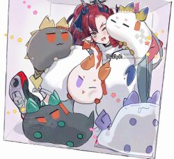  1boy :3 absurdres animal_on_shoulder arknights black_shoes box cdrp0k chongyue_(arknights) commentary cramped dragon_bubble_(arknights) dragon_horns drooling dusk_(arknights) green_eyes happy highres horns in_box in_container ling_(arknights) multicolored_eyes nian_(arknights) one_eye_closed orb pants pointy_ears red_eyes red_hair shirt shoes shu_(arknights) simple_background squishing star_(symbol) twitter_username two-tone_eyes violet_eyes watermark white_background white_pants white_shirt yin_yang yin_yang_orb yu_(arknights) 