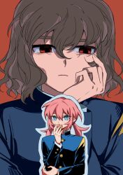  2boys androgynous blue_eyes blue_gakuran brown_hair closed_mouth covering_own_mouth dei_(d4y393) doujinshi_cover_trope_(trend) frown hair_between_eyes hand_on_own_face hand_over_own_mouth head_rest highres inazuma_eleven_(series) inazuma_eleven_go kirino_ranmaru male_focus medium_hair multiple_boys outline pink_hair projected_inset raimon raimon_school_uniform red_background red_eyes school_uniform shindou_takuto short_hair simple_background twintails upper_body 