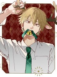  1boy animal_ears antlers arm_up bell blonde_hair border brown_eyes chainsaw_man collared_shirt commentary_request deer_boy deer_ears denji_(chainsaw_man) green_tie hair_between_eyes highres horns jingle_bell kemonomimi_mode looking_at_viewer male_focus mkyn29 neck_bell necktie plaid_clothes plaid_necktie sharp_teeth shirt short_hair solo teeth upper_body white_border white_shirt wing_collar 