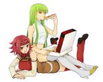  arch_(artist) boots c.c. cc code_geass eating food green_hair headband human_chair human_furniture kallen_stadtfeld long_hair pizza pizza_hut plum_(arch) red_hair redhead sitting sitting_on sitting_on_person sleeveless sleeveless_turtleneck thigh-highs thigh_boots thighhighs turtleneck 