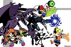  1nsert-art-here absurdres aiming arm_cannon baseball_bat blonde_hair chef_hat claws colored_sclera dark_samus frying_pan game_&amp;_watch hat highres holding holding_frying_pan holding_stick inkling_girl inkling_player_character kaori_(splatoon) lucas_(mother_3) metroid mother_(series) mother_2 mother_3 mr._game_&amp;_watch ness_(mother_2) open_mouth orange_eyes orange_hair pointy_ears ridley sideways_hat splat_bomb_(splatoon) splatoon_(series) splatoon_1 splattershot_(splatoon) stick super_smash_bros. super_smash_bros._logo twitter_username weapon white_background yellow_sclera yo-yo 