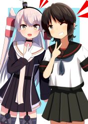  2girls absurdres amatsukaze_(kancolle) amatsukaze_kai_ni_(kancolle) black_dress black_hair black_sailor_collar black_skirt blue_neckerchief brown_eyes cowboy_shot dress garter_straps gloves grey_hair grey_neckerchief grin hair_tubes hat highres kantai_collection long_hair long_sleeves looking_at_viewer mini_hat miyuki_(kancolle) miyuki_kai_ni_(kancolle) multiple_girls neckerchief one_eye_closed pleated_skirt rudder_footwear sailor_collar sailor_dress sailor_shirt school_uniform serafuku shirt short_dress short_hair short_sleeves single_glove skirt smile smokestack_hair_ornament subprocedure two_side_up v white_gloves white_sailor_collar white_shirt 