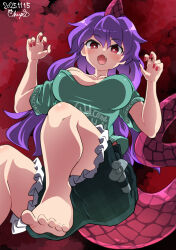  1girl absurdres barefoot breasts bright_pupils chups commentary dated fang green_shirt green_shorts highres horns large_breasts lizard_tail long_hair looking_at_viewer open_mouth purple_hair red_eyes red_nails reptile_girl shirt shorts signature single_horn solo tail tenkajin_chiyari touhou white_pupils 