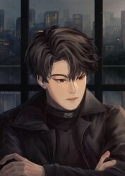  1boy aegyo_sal asamanemo belt_collar black_coat black_eyes black_hair black_shirt city coat collar commentary condensation crossed_arms english_commentary highres indoors looking_to_the_side omniscient_reader's_viewpoint open_clothes open_coat popped_collar shirt short_hair solo upper_body window_fog yoo_joonghyuk 