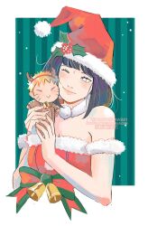  1girl animal_costume artist_name bare_shoulders black_hair boruto:_naruto_next_generations character_doll cropped_torso doll dress english_commentary hat highres holding holding_doll hyuuga_hinata kokodrawings naruto_(series) one_eye_closed red_dress red_hat reindeer_costume santa_costume santa_dress santa_hat short_hair smile solo strapless strapless_dress upper_body uzumaki_naruto 