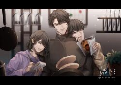  1girl 2boys anger_vein asamanemo black_hair black_shirt bob_cut calendar_(object) commentary cooking cup drinking_glass english_commentary flipping_food food frying_pan han_sooyoung hand_on_another's_shoulder highres holding holding_magazine holding_notepad hood hood_down hoodie indoors kim_dokja kitchen letterboxed light_particles magazine_(object) multiple_boys notepad omniscient_reader's_viewpoint pancake plant plate potted_plant purple_hoodie shirt short_hair wine_glass writing yoo_joonghyuk 